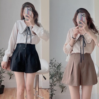 Áo sơ mi đũi cổ viền thắt nơ tiểu thư yan.fashion