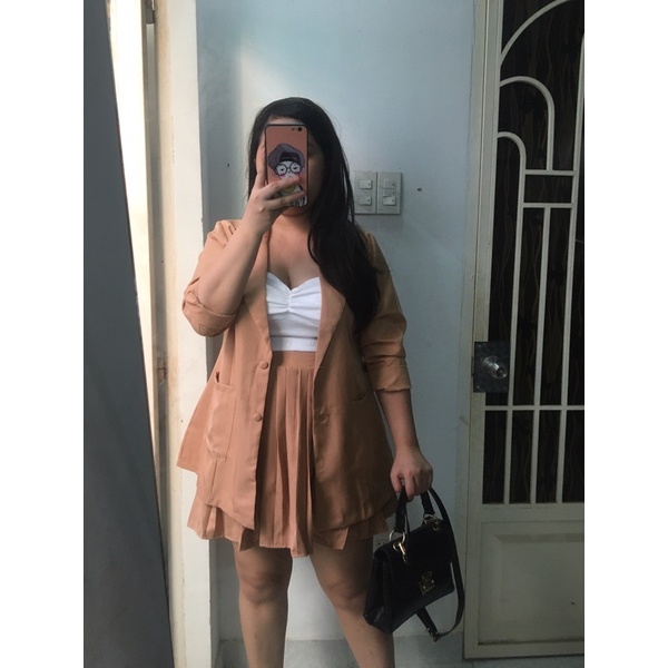 BIGSIZE Set áo vest blazer váy xếp li S278