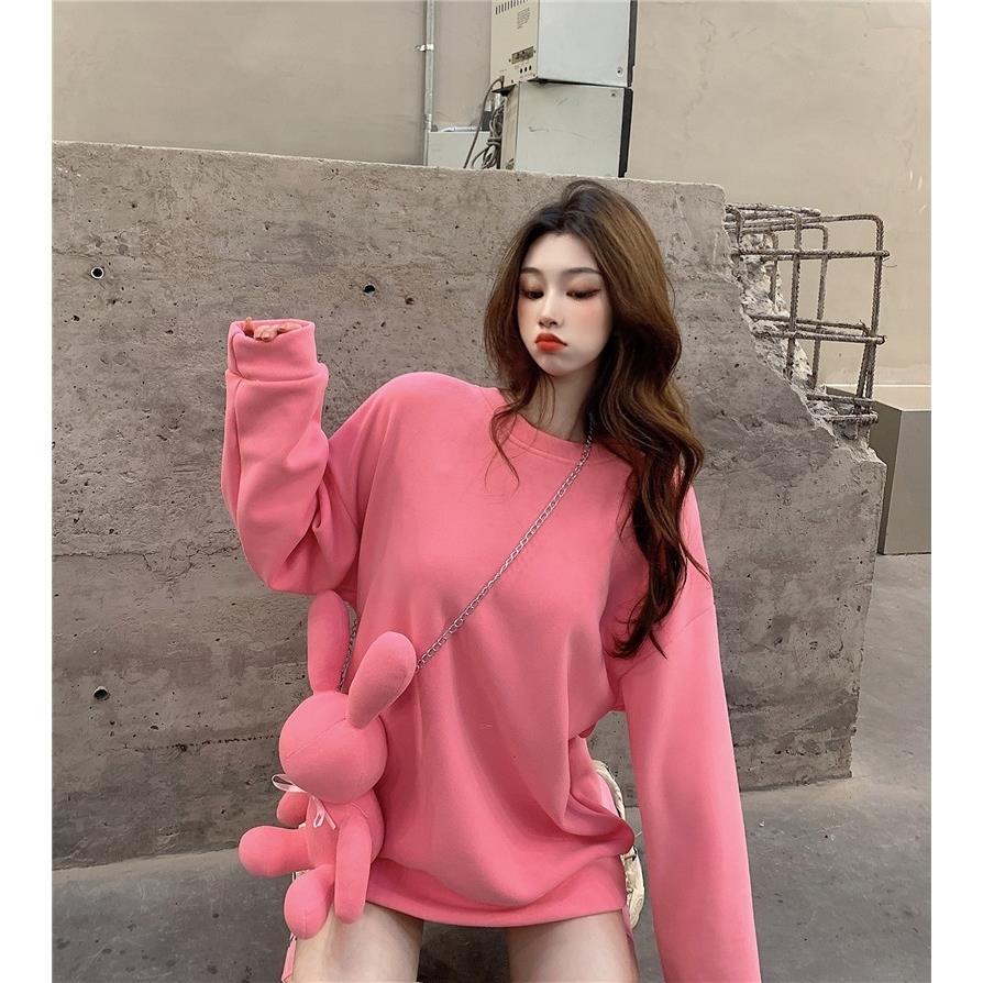2022 autumn and winter new loose medium-long style solid color round neck pullover thickened sweater female rabbit decorative blouse