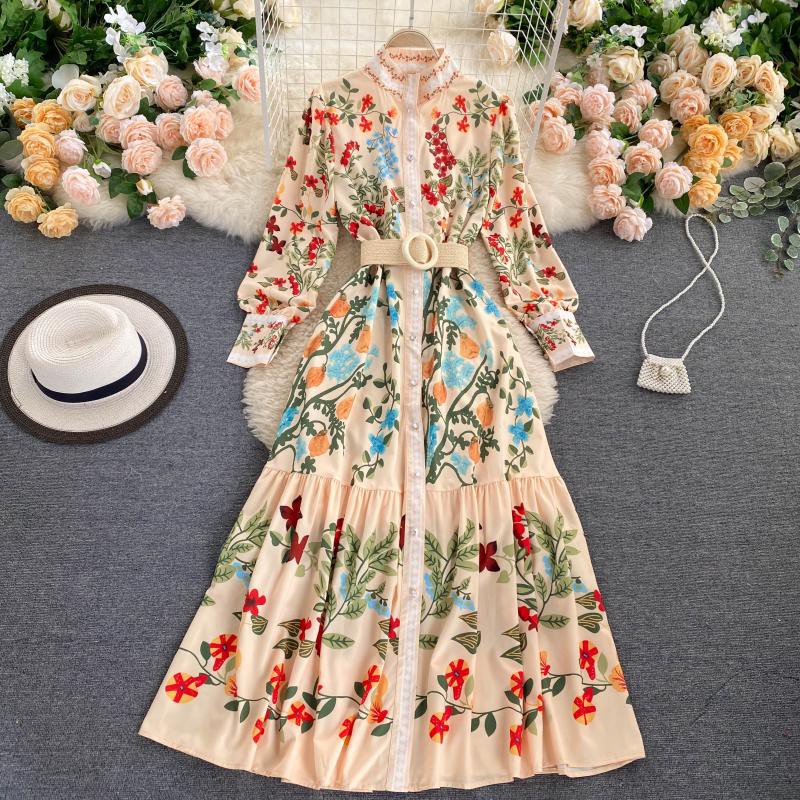 Váy họa tiết cài cúc có kèm belt đầm maxi cổ tàu dáng xòe đuôi cá Đ645