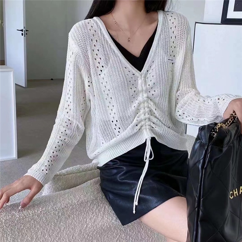 ZHELIHANGFEI Áo Len Tay Dài Cổ Chữ V Phối Dây Rút Thời Trang Cho Nữ