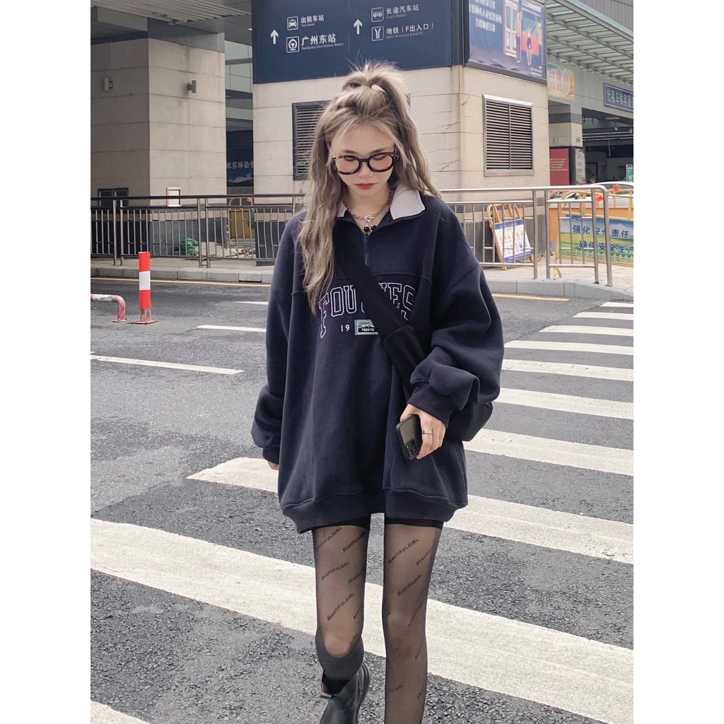 Áo sweater tay bồng khóa cổ FOURYES dáng rộng unisex/ Áo nỉ thu đông in họa tiết chữ trẻ trung năng động_Nano Ulzzang | BigBuy360 - bigbuy360.vn