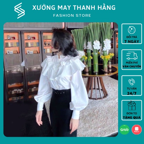 Áo sơ mi nút ngọc bèo tầng cổ trụ, Áo sơ mi nữ công sở trắng mẫu mới mặc đi làm đi chơi_496