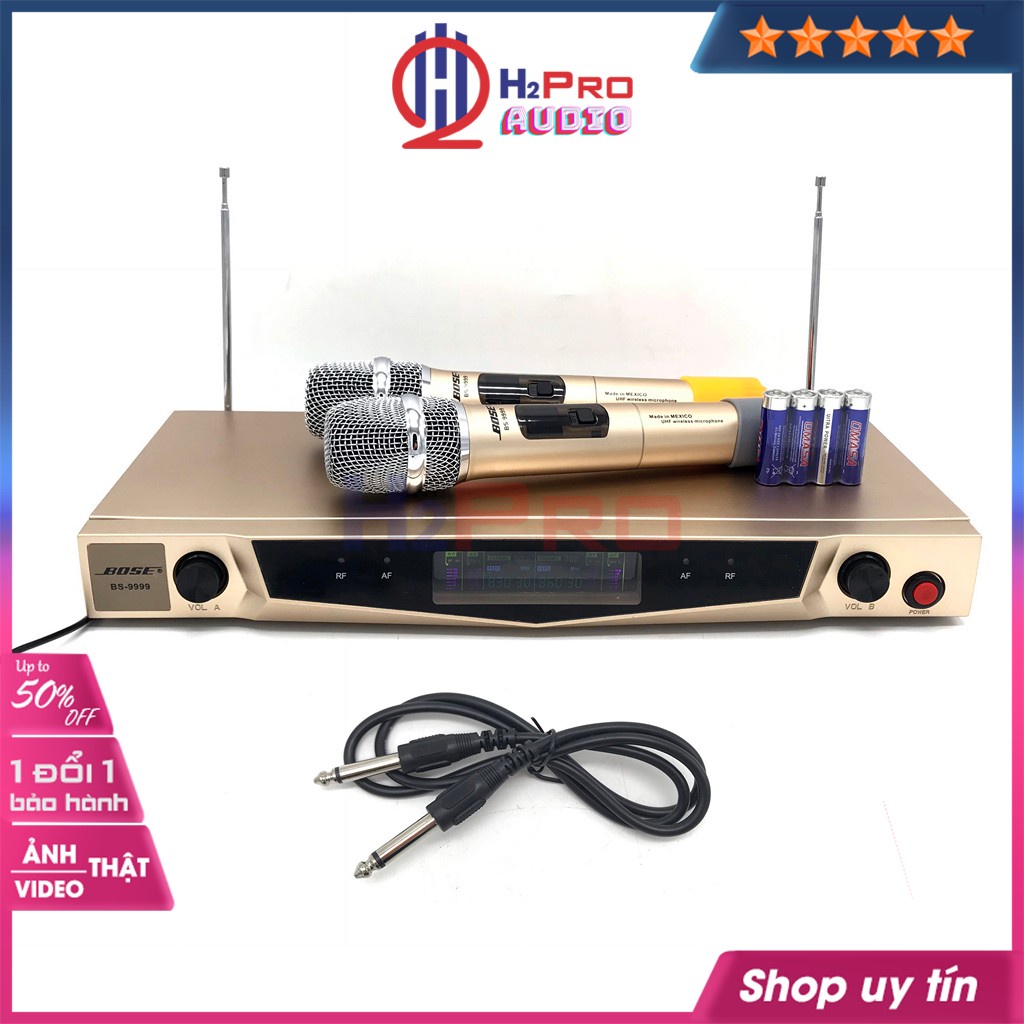 Bộ 2 Micro Không Dây, Micro Hát Karaoke BS-9999 Cao Cấp, Hút Âm Tốt, Chống Nhiễu, Giảm Hú (Tặng 2 Đôi Pin)-H2Pro Tech