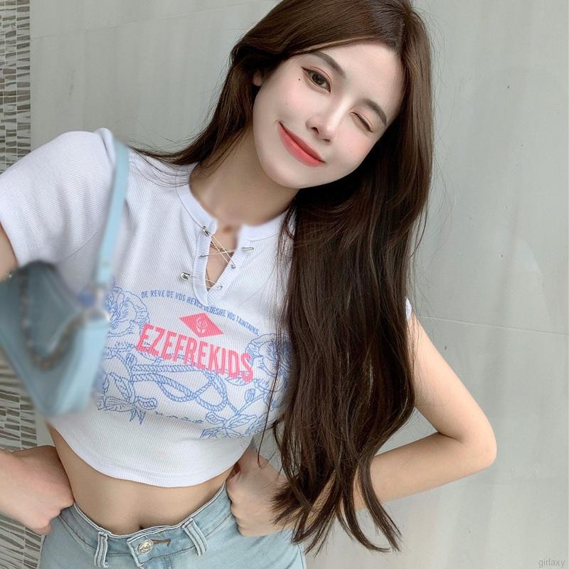 Áo thun lửng tay ngắn cổ chữ V thời trang dành cho nữ