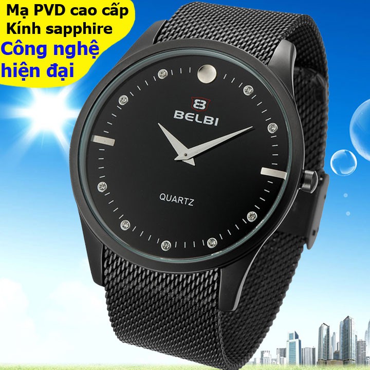 Đồng hồ nam đẹp chạy pin Belbi chính hãng cao cấp giá rẻ mặt tròn đeo tay dây kim loại