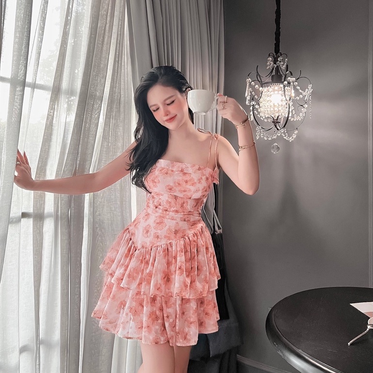 Đầm 2 dây Peachy tơ hoa nhí - Váy dáng xòe dài đến gối xếp 2 tầng ôm eo - Phong cách tiểu thư | XKV49 | Meimei Studio