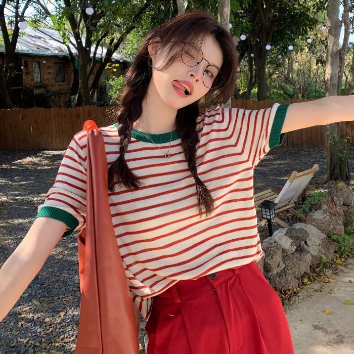 Áo ZHELIHANGFEI vải dệt kim ngắn tay họa tiết kẻ sọc ngọt ngào