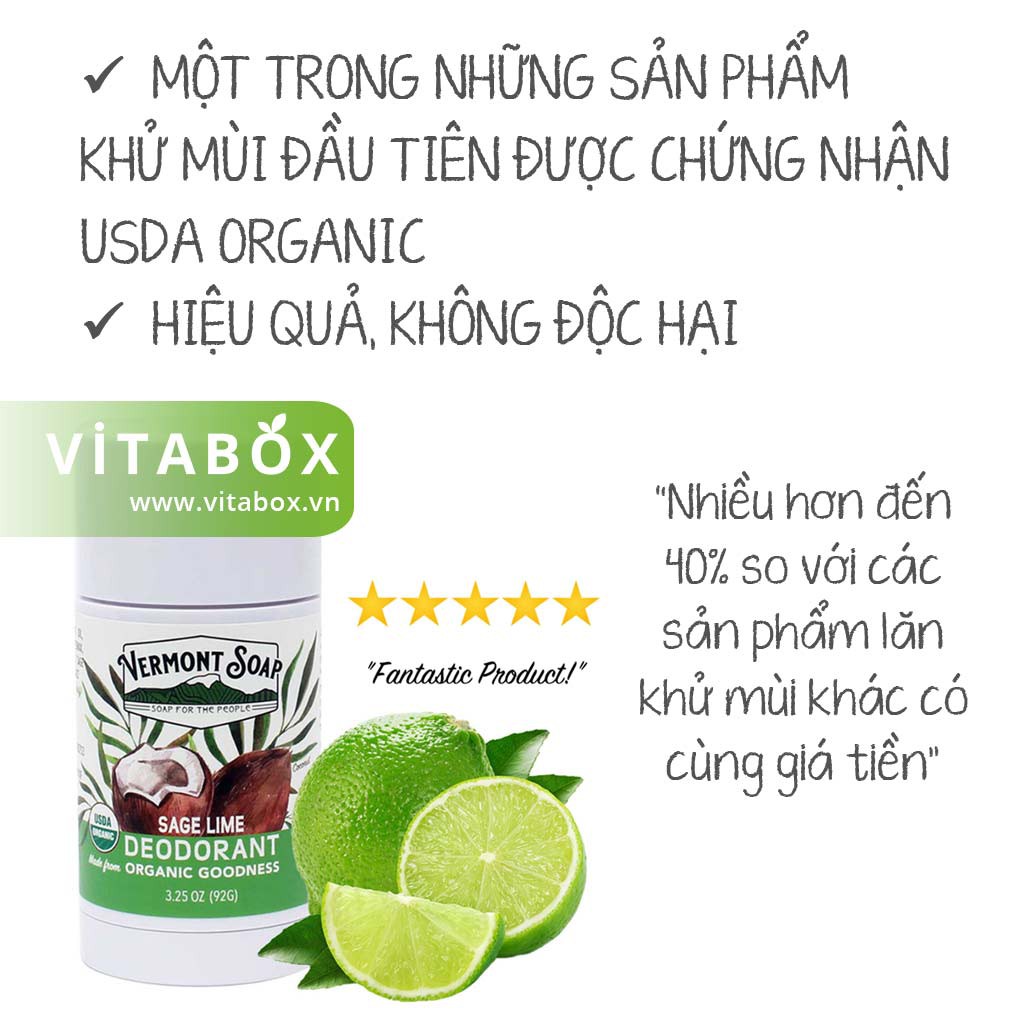 Vermont Soap - Lăn Khử Mùi Hữu Cơ Giúp Giảm Tiết Mồ Hôi và Hôi Nách  - USDA Organic Deodorant - 92g | BigBuy360 - bigbuy360.vn