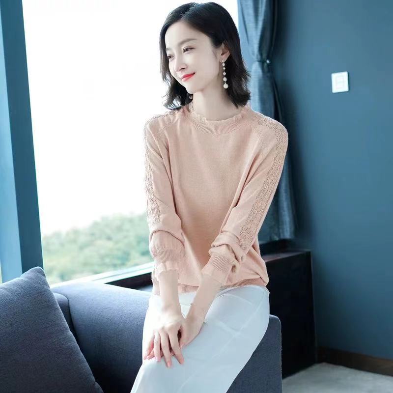 Áo Dệt Kim Tay Dài Phối Ren Hoa Thiết Kế Dáng Rộng Che Khuyết Điểm