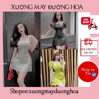 Váy xốp cổ vuông dây chéo điệu đà 2 màu (kèm ảnh thật)