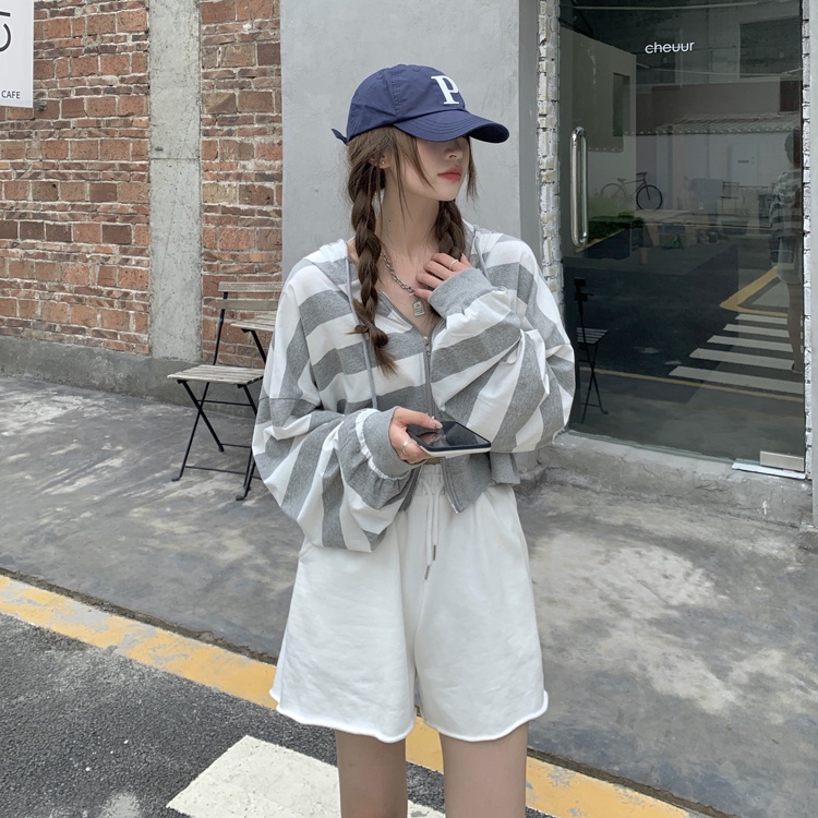 Áo Khoác Hoodie Dáng Rộng Kẻ Sọc Phối Khóa Kéo Đôi Thời Trang Hàn Quốc 2 Màu Tùy Chọn