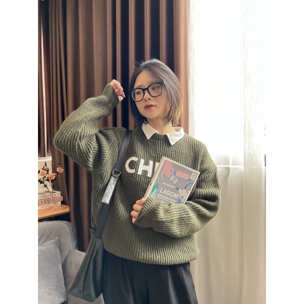 Áo len xanh rêu in chữ phong cách Hàn Quốc (ảnh thật Dixie)