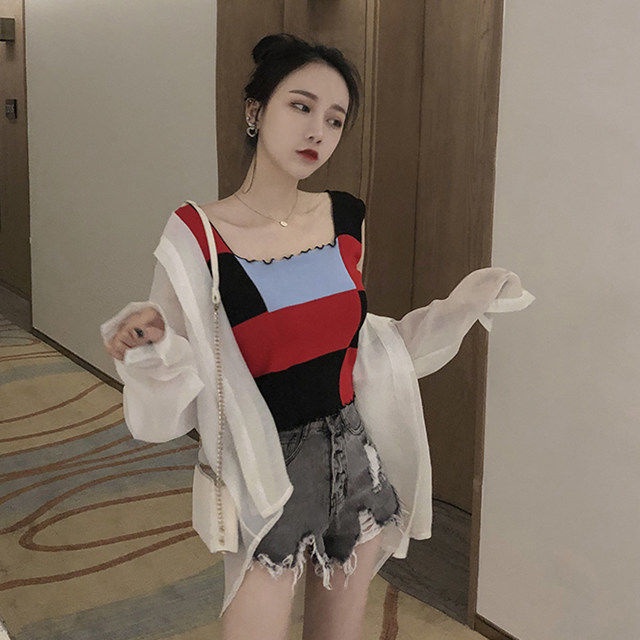 Áo Dệt Kim Không Tay Phối Màu Họa Tiết Caro Phong Cách Âu Mỹ Thời Trang Mùa Hè Cho Nữ