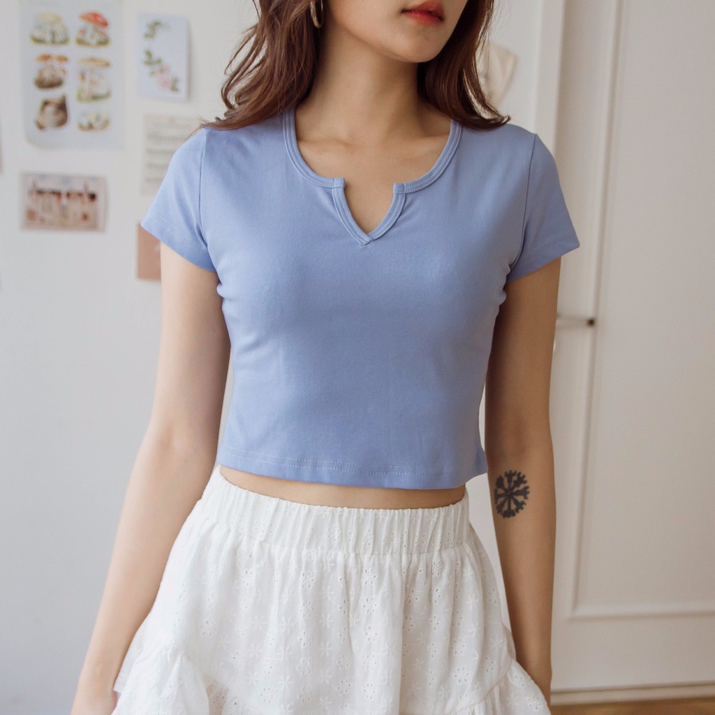 Áo croptop cổ tròn khoét V cộc tay thun Mia Ritta A2075 Ảnh thật