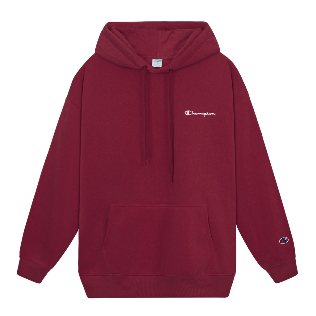 Áo Hoodie Thêu Logo Champion Sắc Nét Phía Trước-Chất Vải Nỉ Bông Cotton-Form Rộng Rãi Unisex Nam Nữ-Màu Đỏ Đô