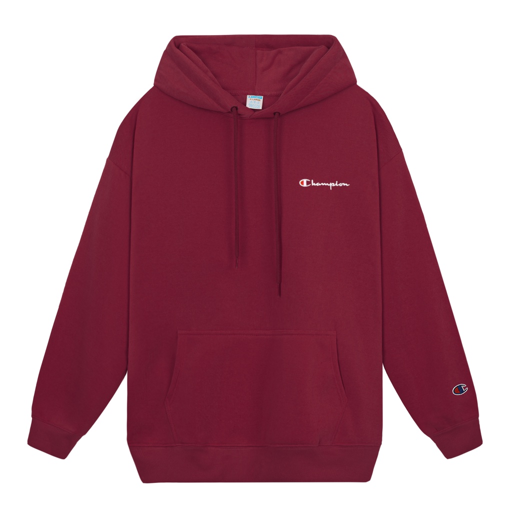 Áo Hoodie Thêu Logo Champion Sắc Nét Phía Trước-Chất Vải Nỉ Bông Cotton-Form Rộng Rãi Unisex Nam Nữ-Màu Đỏ Đô