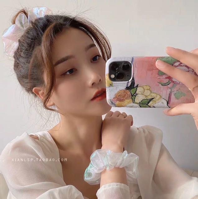 Dây cột tóc vải scrunchies Hologram màu trắng cực hot