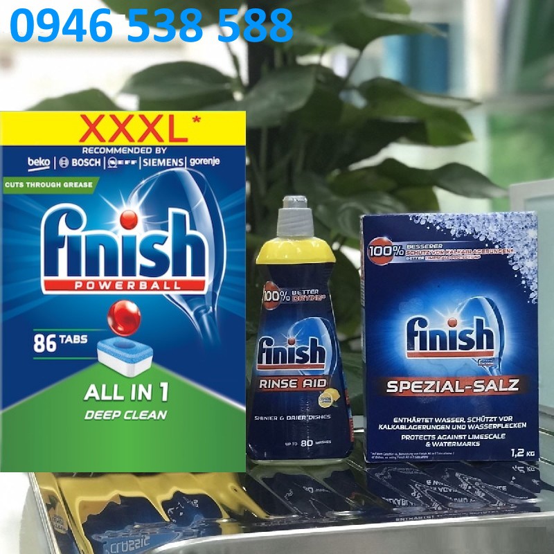 Combo Muối Finish 1.2 + Viên rửa bát Finish 86 viên + Nước làm bóng Finish 400ml