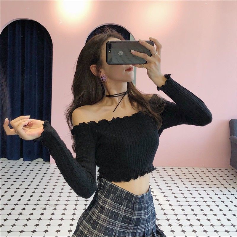 [ORDER] Áo hạ vai tay dài gợi cảm croptop ôm body hở bụng ulzzang ( 2 màu )