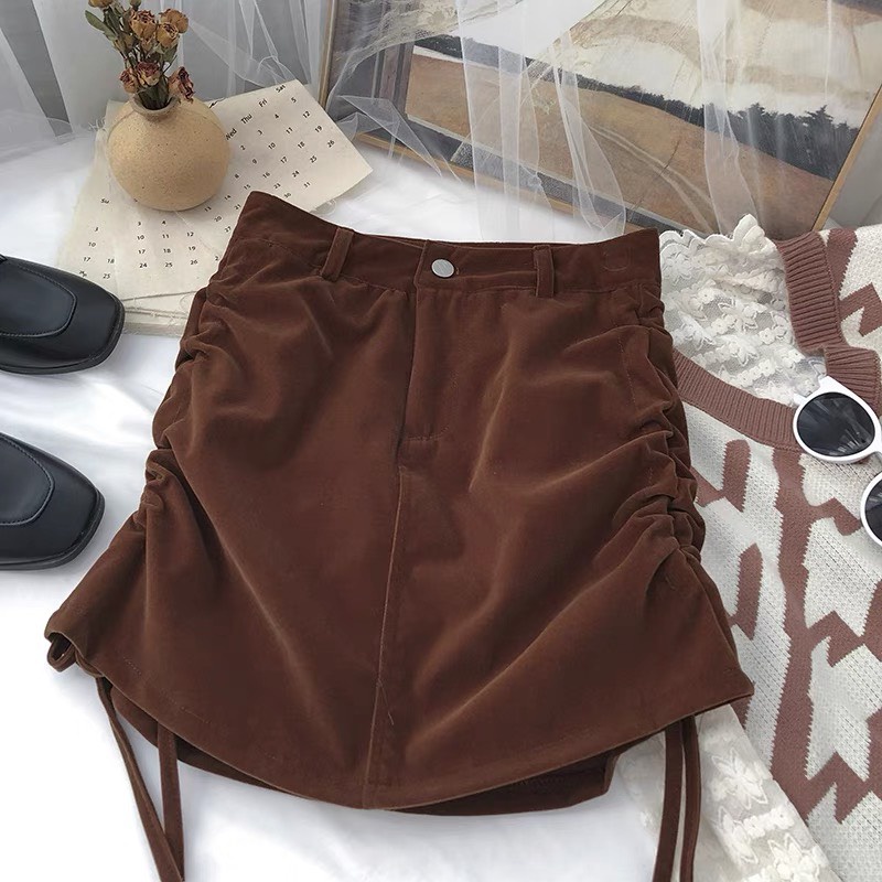 Chân Váy Nhung Chữ A , Với Thiết Kế Dây Rút Độc Đáo , Phong Cách