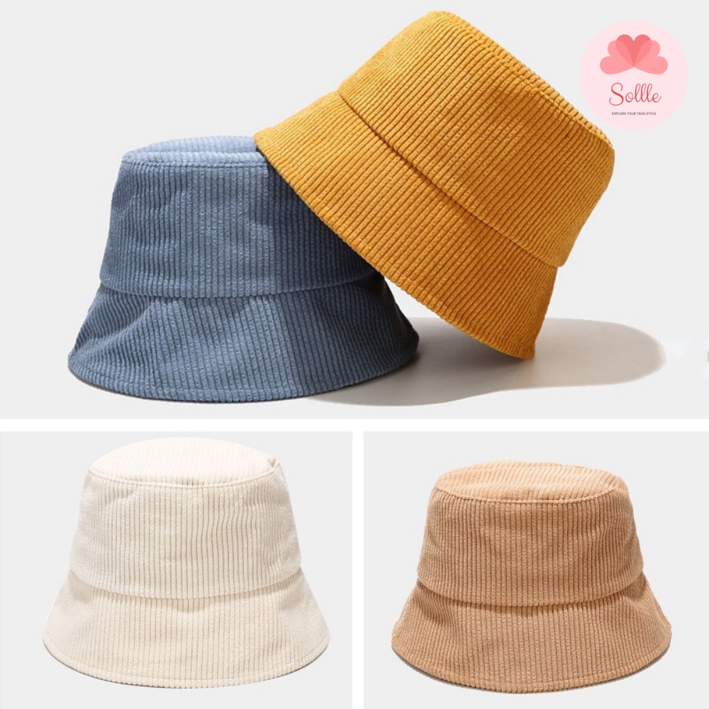 Mũ bucket vành cụp unisex nón tai bèo trơn nỉ nhung gân tăm nhiều màu nam nữ Sollle
