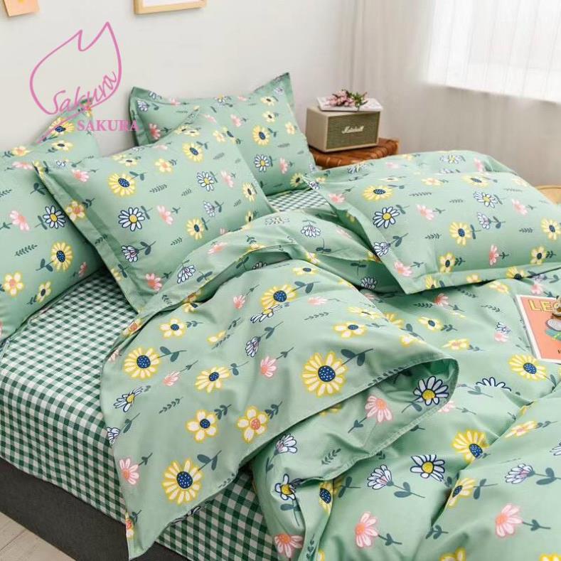 Sales Chính Hãng- Bộ Chăn Ga Gối Đệm Poly Coton Đũi Cúc Vàng Xanh Ngọc -BST Chăn Ga Gối Poly Cotton