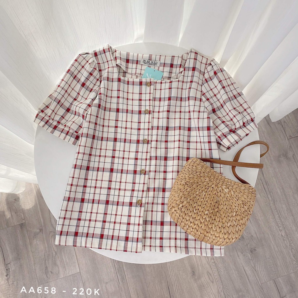 Áo sơ mi caro cổ vuông Nhien vintage  tay ngắn kiểu nữ công sở AA658