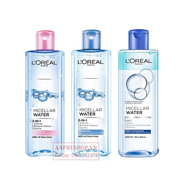 Tẩy trang L'Oreal Paris Micellar Water 3 in 1 Refreshing, Nước tẩy trang Loreal 400ml (Hàng chính hãng)