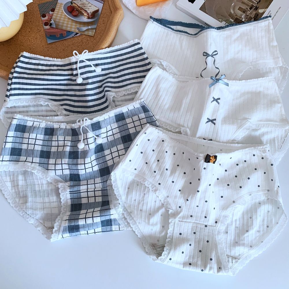 EPOCH Quần lót lưng vừa phối ren co giãn thoáng khí họa tiết kẻ sọc/ chấm bi phong cách Hàn Quốc ngọt ngào cho nữ