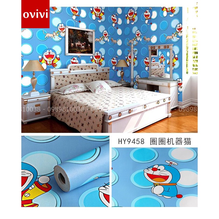 Giấy dán tường doremon dày nhám giá rẻ 10m phòng ngủ có keo sẵn cho bé hoạt hình Ovivi