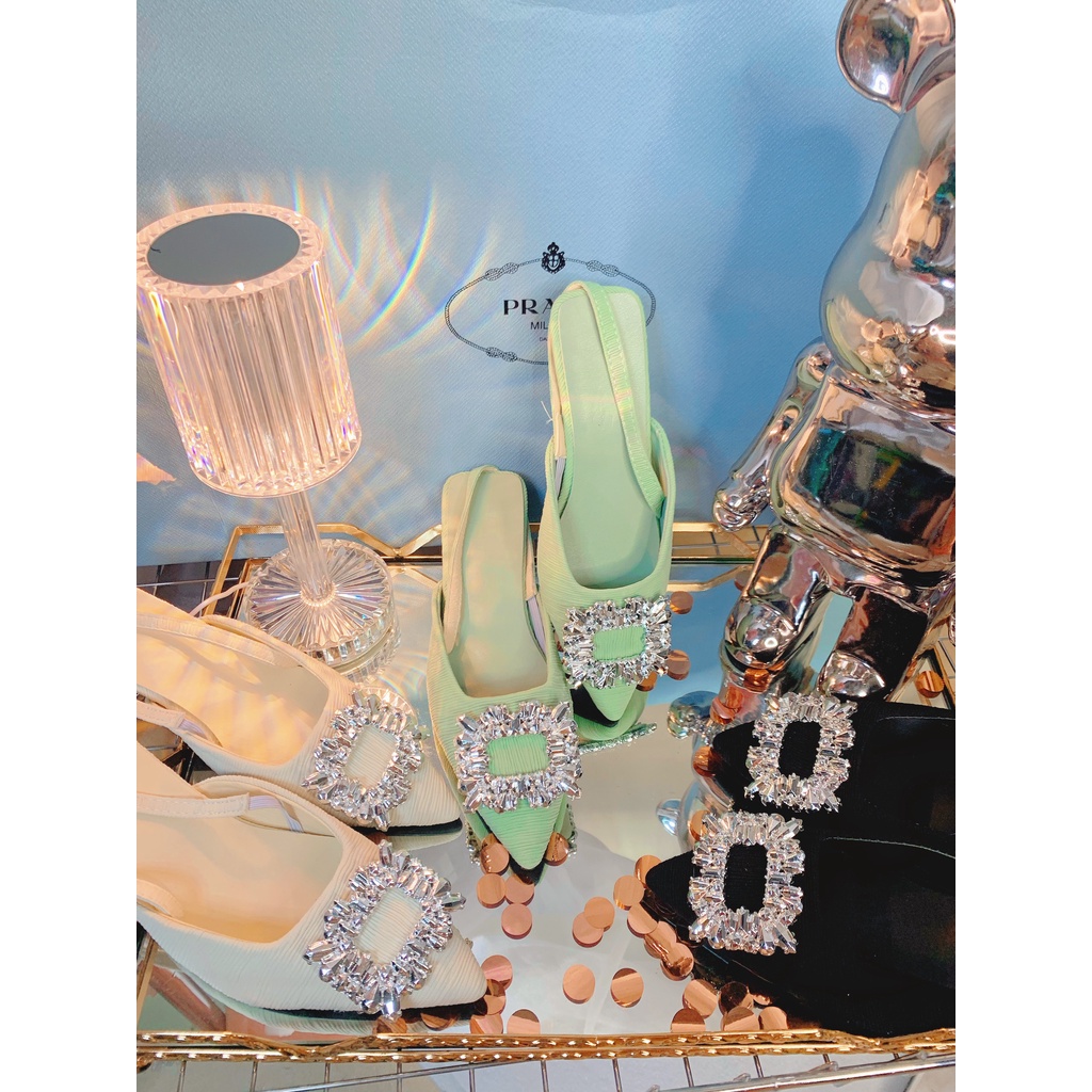 Giày sandal cao gót mũi nhọn trang trí khuy vuông phong cách Pháp cao cấp