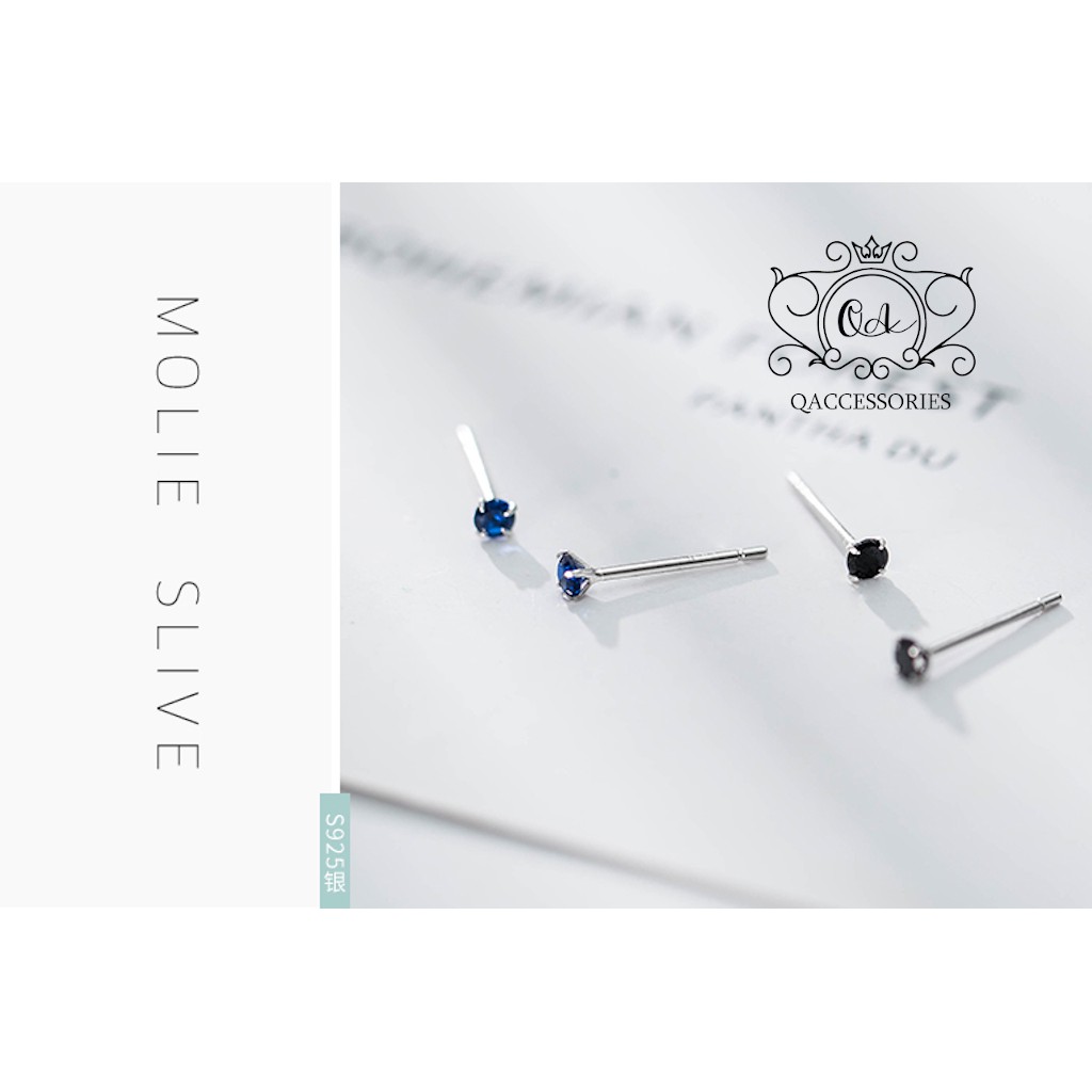 Bông tai bạc nụ đá nhỏ nam nữ 4 chấu khuyên tai mini trắng đen xanh S925 MINIMAL Silver Earrings QA SILVER EA200603