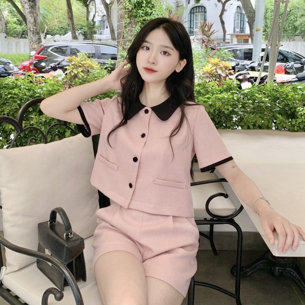 Set Bộ Áo Sơ Mi Cộc Tay Crotop Dạ Tweet Tiểu Thư Kèm Quần Cực Xinh Hot Hit - Mã SS05