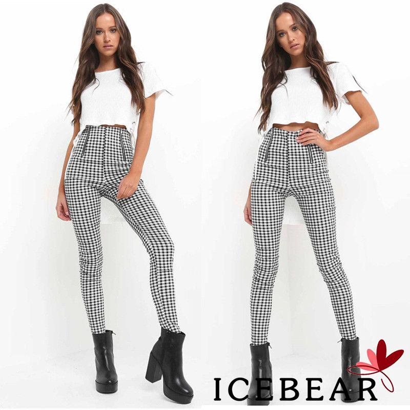 A2R-Fashion Women High Waist Black White Zip-up Plaid Sexy Long Pants Sweatpants