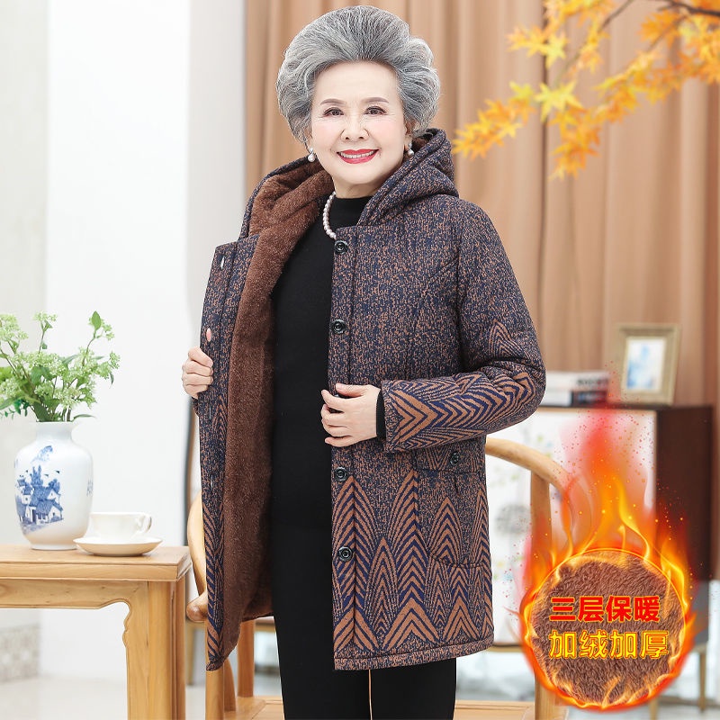Bà mặc quần áo đệm bông cho người trung niên và người già Quần áo mùa đông cho phụ nữ cộng thêm áo khoác đệm dày nhung c