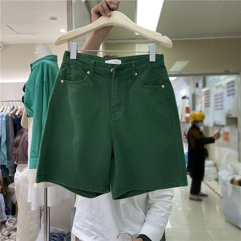 Quần đùi denim ống rộng lưng cao thoáng mát thời trang cho nữ