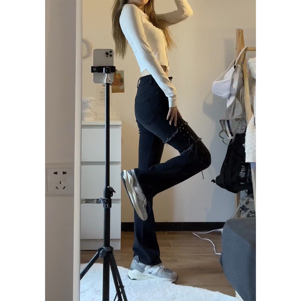 Jiashucheng Quần Jean Lưng Cao Dáng Ôm Cột Dây Thời Trang Đường Phố Mới Cho Nữ