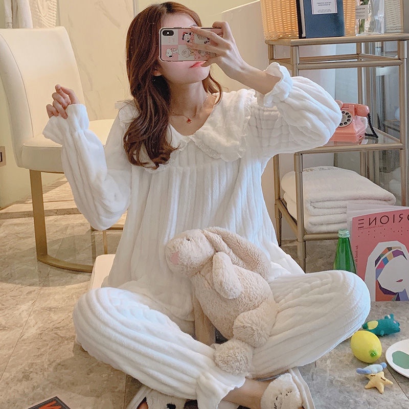 Bộ đồ mặc nhà vải dạ dày dặn phong cách công chúa thời trang thu đông giữ ấm cho nữ | BigBuy360 - bigbuy360.vn