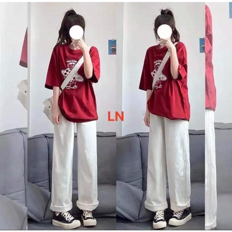 Sét áo đỏ in gấu + quần kaki trắng ống rộng Ln