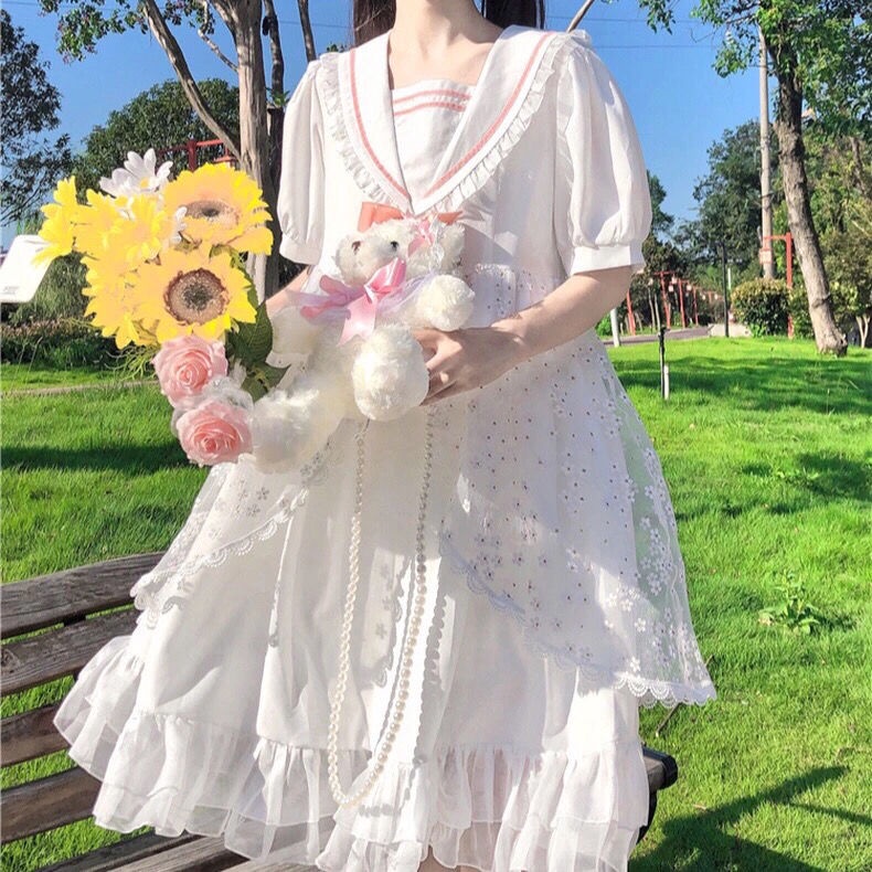 Đầm Công Chúa Dáng Rộng Phối Lưới Màu Trắng Phong Cách lolita Nhật Bản váy babydoll