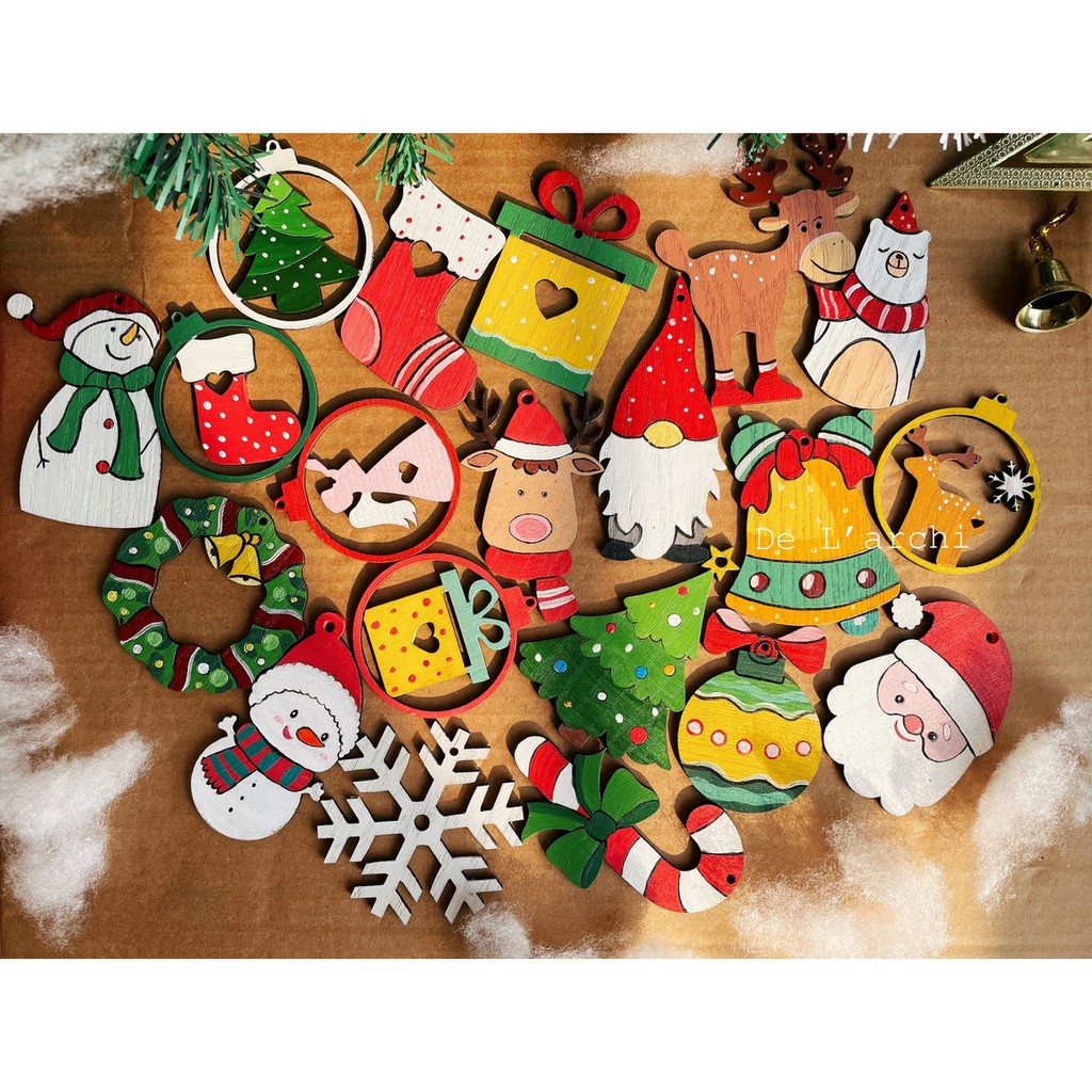 Set 20 món trang trí Noel bằng gỗ, vẽ thủ công màu siêu bền đẹp