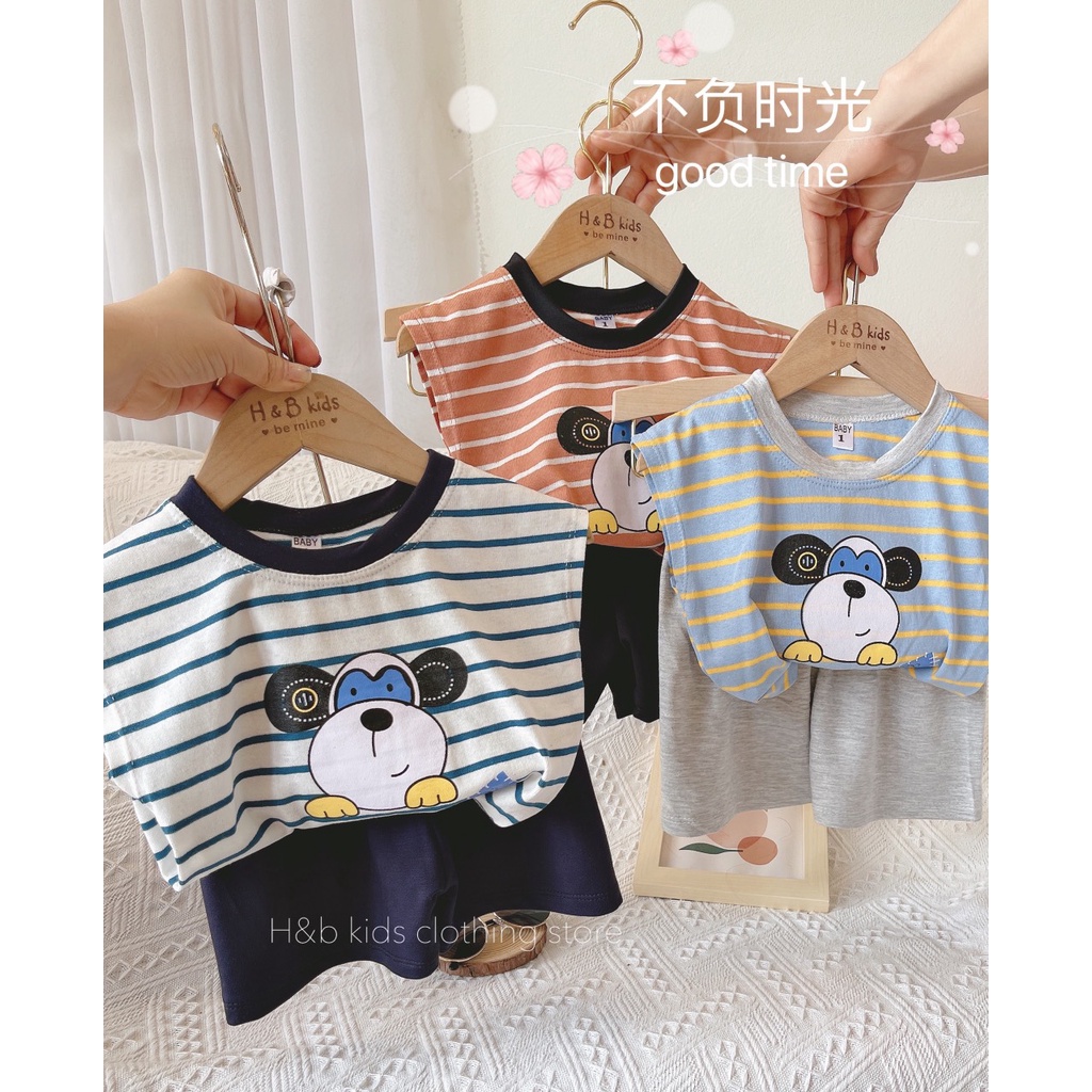 Bộ Đồ Cộc Tay Bé Trai 10-20kg Chất Cotton Hoa Tiết Kẻ Ngang In Hình Con Vật, Set Ba Lỗ Bé Trai Mặc Hè - AN.KID