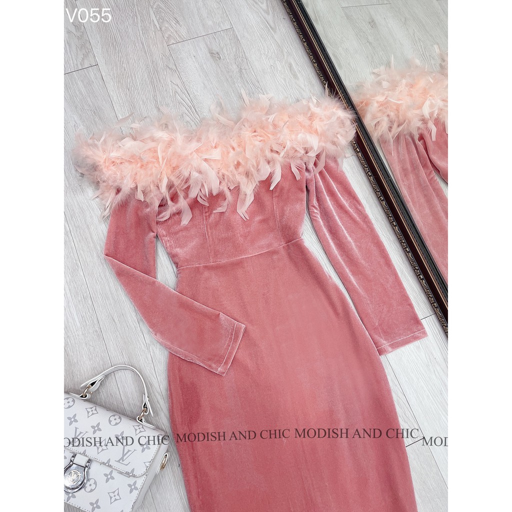 Váy Nhung hồng body lông vũ V055 - Mimo Shop phân phối chính thức