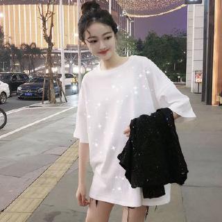 Áo Thun Nữ Tay Ngắn Dáng Rộng Đính Sequins Lấp Lánh