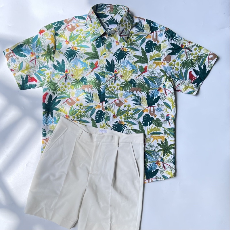 Áo Sơ Mi Tay Ngắn Hoạ Tiết Lá Dừa Cho Nam và Nữ
