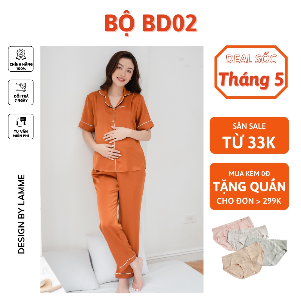 Bộ mặc nhà BD02 chất liệu lụa, có khoét ngực tiện lợi cho bé tuti sữa sản phẩm của LAMME