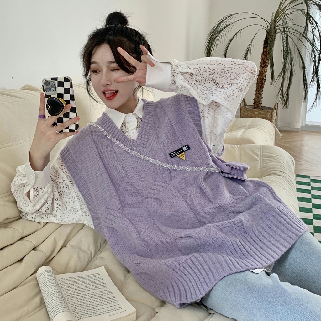 Áo len gile tím cổ V len đan trơn thu đông phong cách ulzzang sinh viên