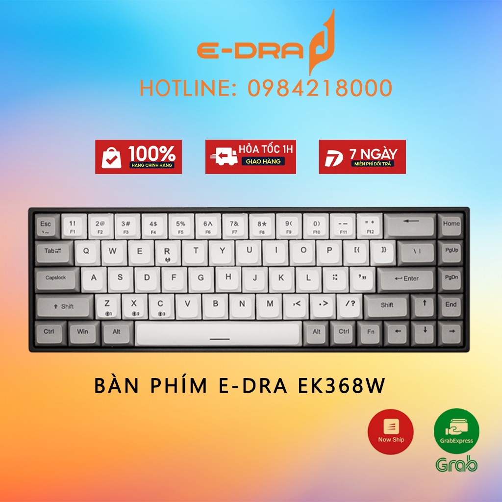 Bàn phím cơ không dây E-DRA EK368W Kailh Box/ Hotswap/ Bluetooth/ Type-C - Hàng chính hãng