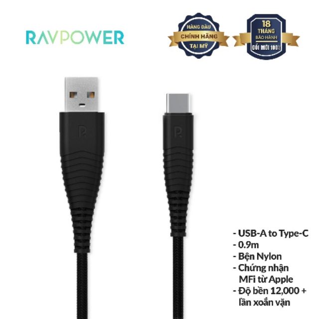 Dây Cáp Sạc Type C RAVPower 1m (USB-A to Type-C) - RP-CB046